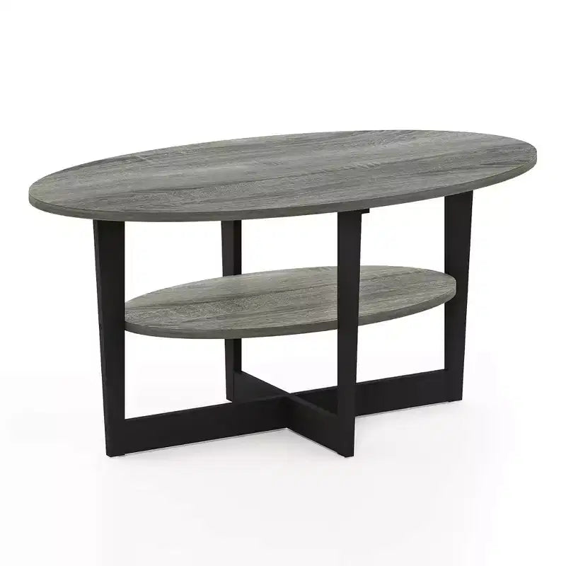 Oval 2-Tier Coffee Table with Open Shelf, Wood Finish, Rounded Corners, Modern