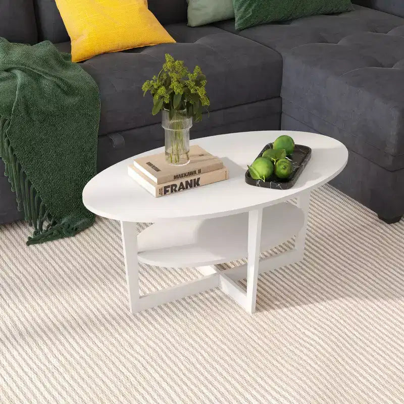 Oval 2-Tier Coffee Table with Open Shelf, Wood Finish, Rounded Corners, Modern