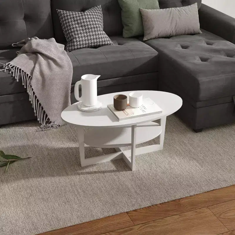 Oval 2-Tier Coffee Table with Open Shelf, Wood Finish, Rounded Corners, Modern