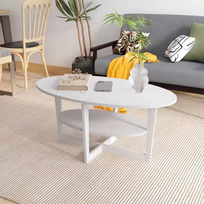 Oval 2-Tier Coffee Table with Open Shelf, Wood Finish, Rounded Corners, Modern