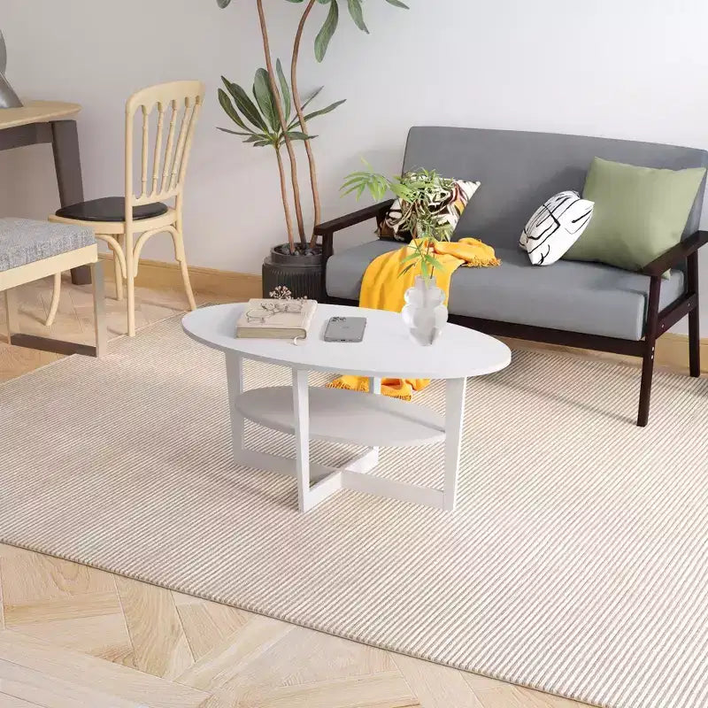 Oval 2-Tier Coffee Table with Open Shelf, Wood Finish, Rounded Corners, Modern