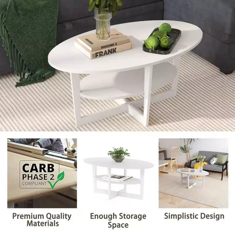 Oval 2-Tier Coffee Table with Open Shelf, Wood Finish, Rounded Corners, Modern