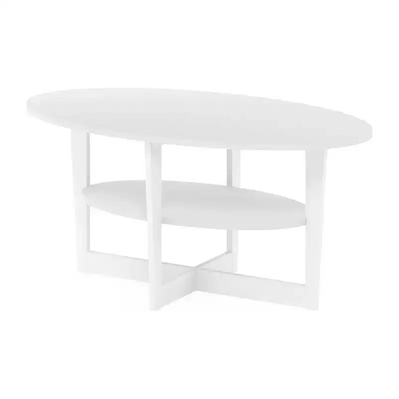 Oval 2-Tier Coffee Table with Open Shelf, Wood Finish, Rounded Corners, Modern