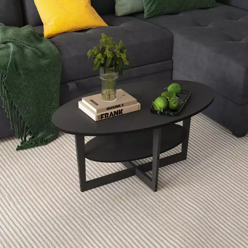 Oval 2-Tier Coffee Table with Open Shelf, Wood Finish, Rounded Corners, Modern