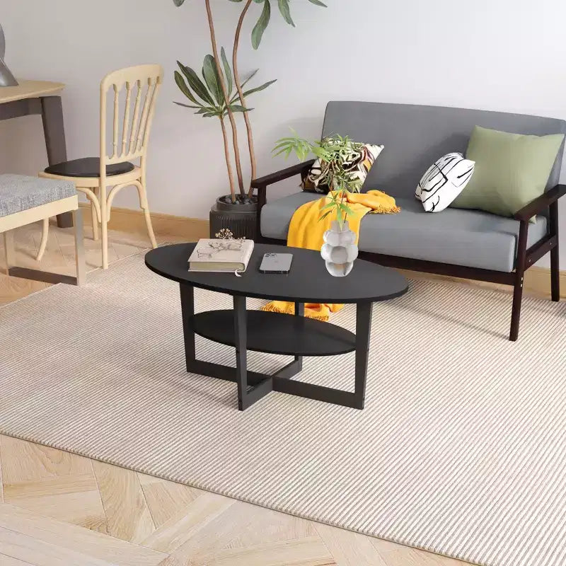 Oval 2-Tier Coffee Table with Open Shelf, Wood Finish, Rounded Corners, Modern