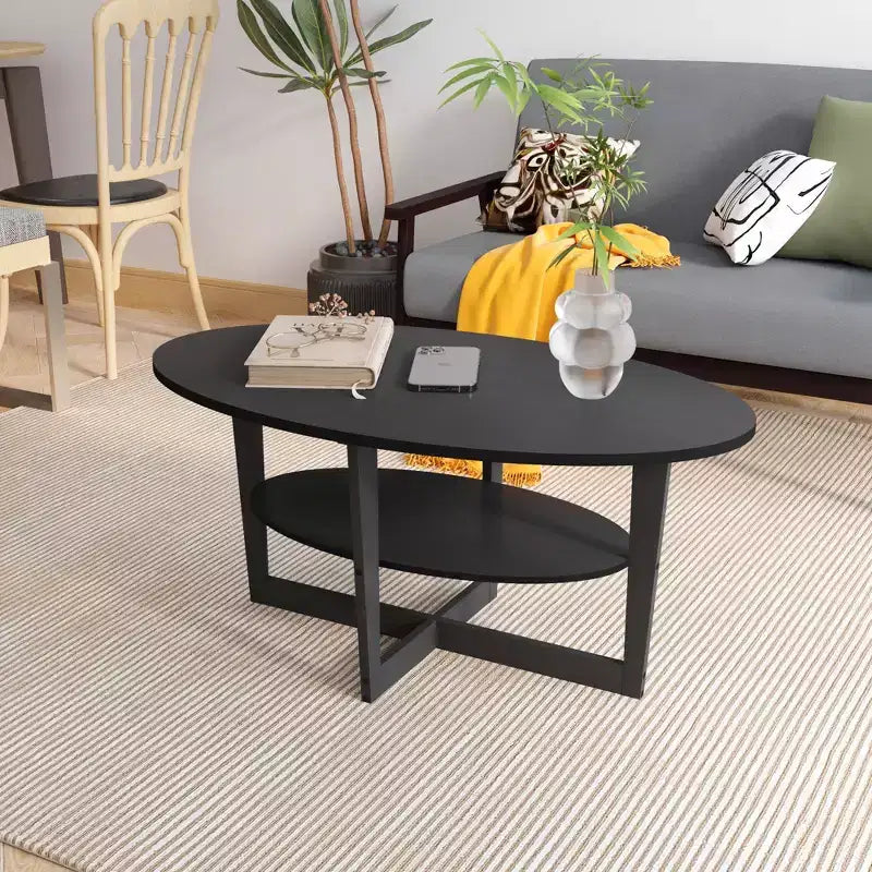 Oval 2-Tier Coffee Table with Open Shelf, Wood Finish, Rounded Corners, Modern