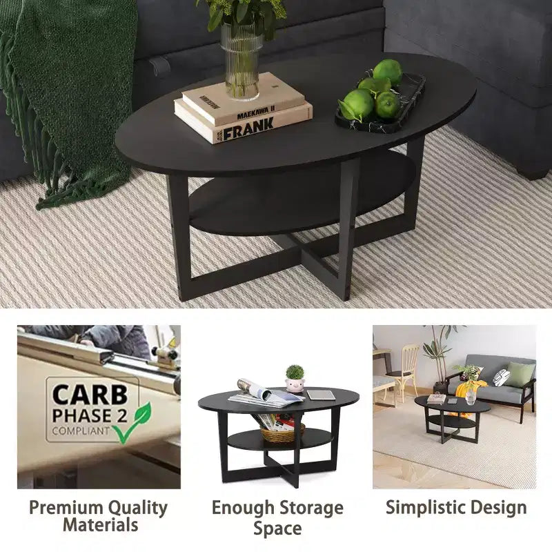 Oval 2-Tier Coffee Table with Open Shelf, Wood Finish, Rounded Corners, Modern