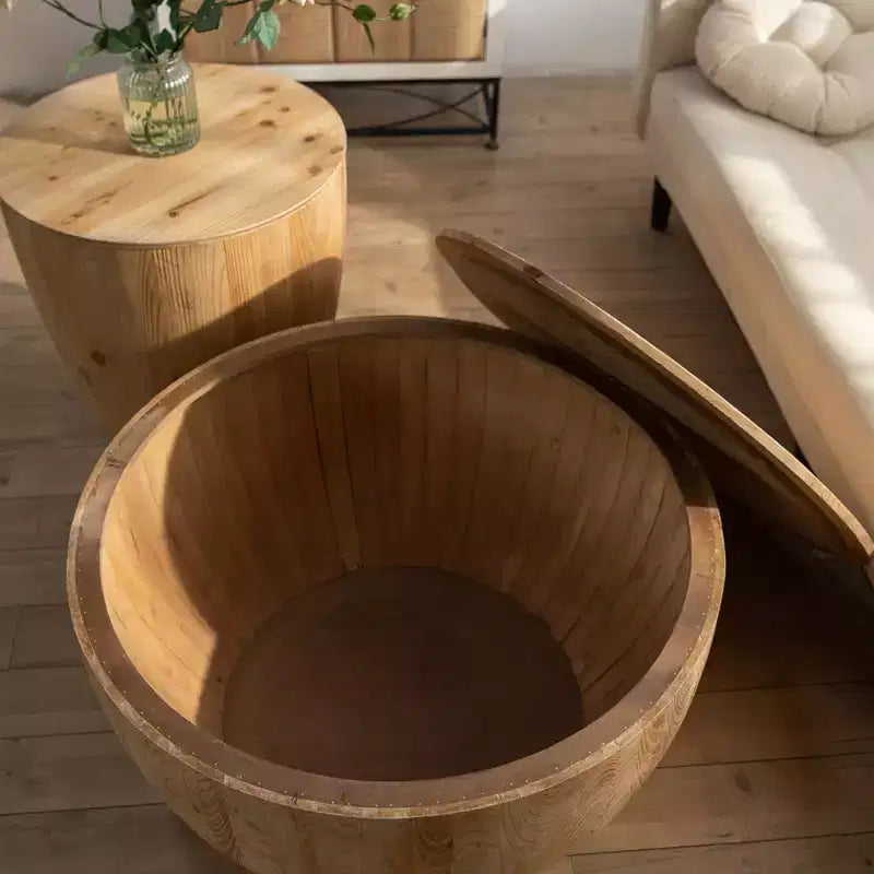 Retro Round Barrel Storage Coffee Table, Cedar Wood, Beige, 220 lb Capacity