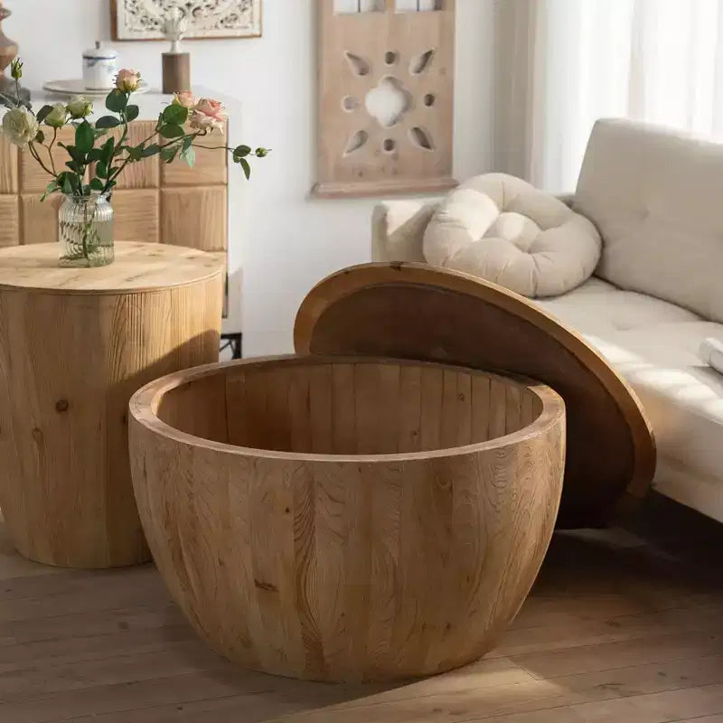 Retro Round Barrel Storage Coffee Table, Cedar Wood, Beige, 220 lb Capacity