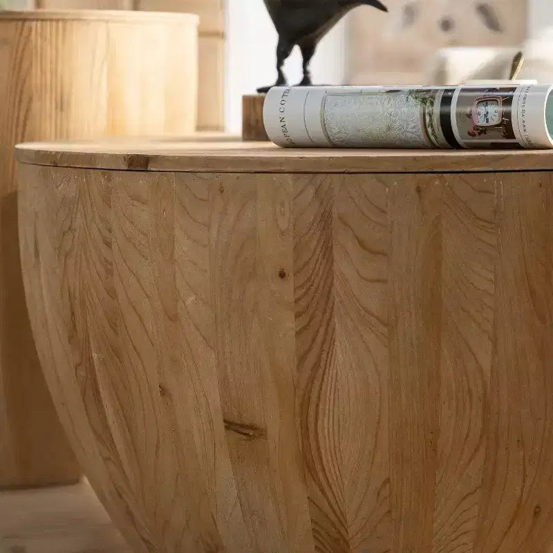 Retro Round Barrel Storage Coffee Table, Cedar Wood, Beige, 220 lb Capacity