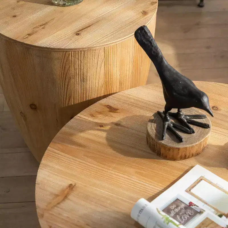 Retro Round Barrel Storage Coffee Table, Cedar Wood, Beige, 220 lb Capacity