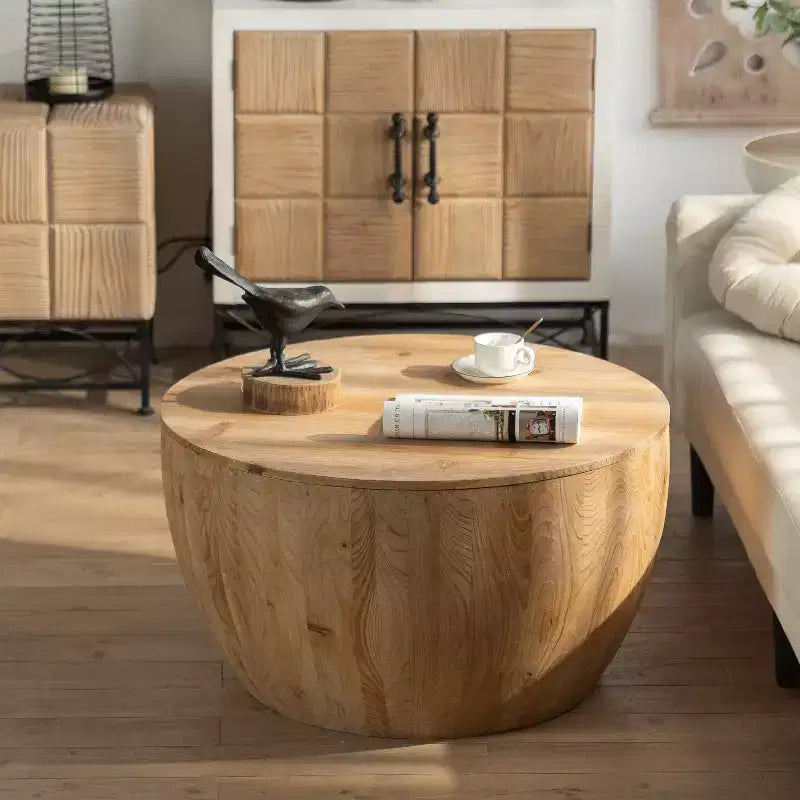 Retro Round Barrel Storage Coffee Table, Cedar Wood, Beige, 220 lb Capacity