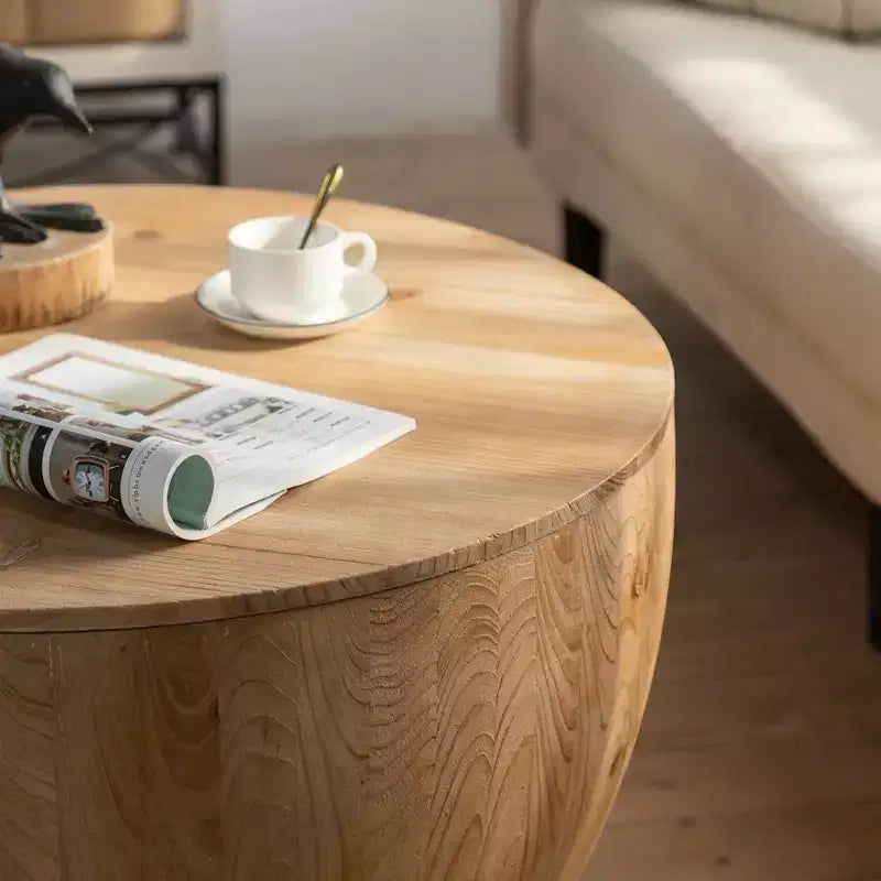 Retro Round Barrel Storage Coffee Table, Cedar Wood, Beige, 220 lb Capacity
