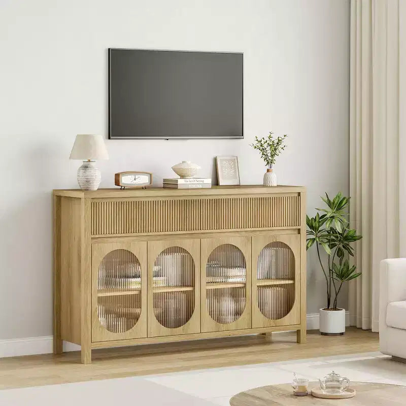 Large Sideboard Buffet Cabinet with 4 Fluted Glass Doors, 2 Drawers & Adjustable Shelves