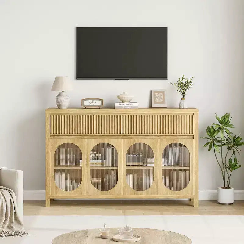 Large Sideboard Buffet Cabinet with 4 Fluted Glass Doors, 2 Drawers & Adjustable Shelves