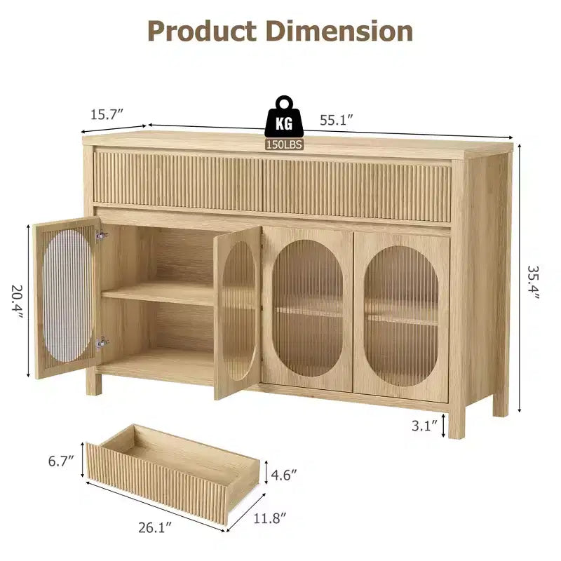 Large Sideboard Buffet Cabinet with 4 Fluted Glass Doors, 2 Drawers & Adjustable Shelves