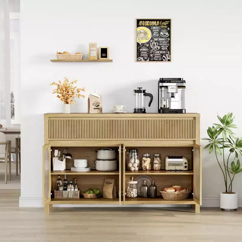 Large Sideboard Buffet Cabinet with 4 Fluted Glass Doors, 2 Drawers & Adjustable Shelves