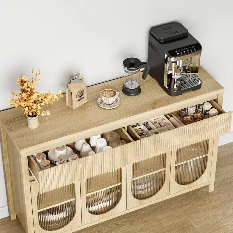 Large Sideboard Buffet Cabinet with 4 Fluted Glass Doors, 2 Drawers & Adjustable Shelves