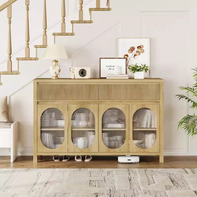 Large Sideboard Buffet Cabinet with 4 Fluted Glass Doors, 2 Drawers & Adjustable Shelves