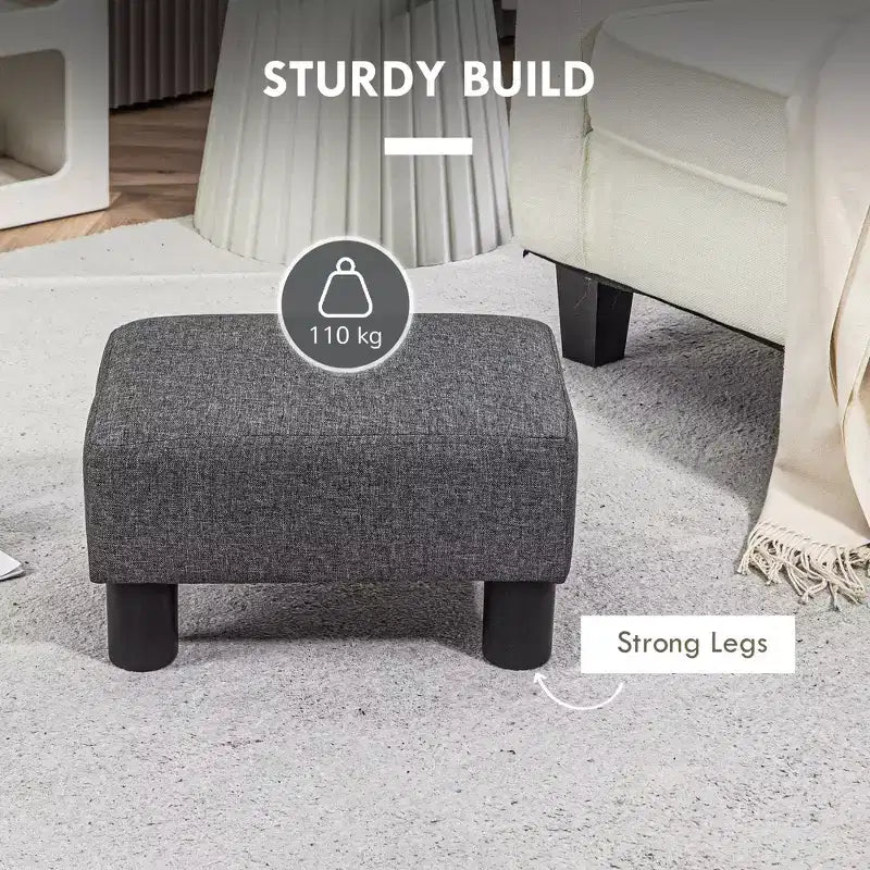 Poggiapiedi cubo in tessuto di lino piccolo, grigio antracite, capacità 110 kg, gambe in plastica