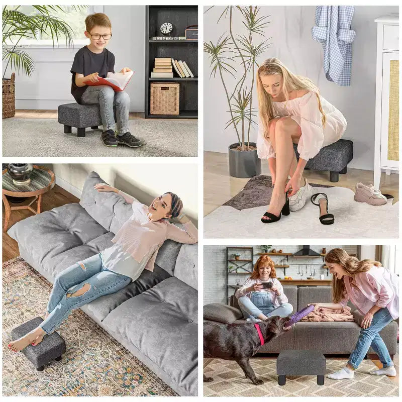 Poggiapiedi cubo in tessuto di lino piccolo, grigio antracite, capacità 110 kg, gambe in plastica