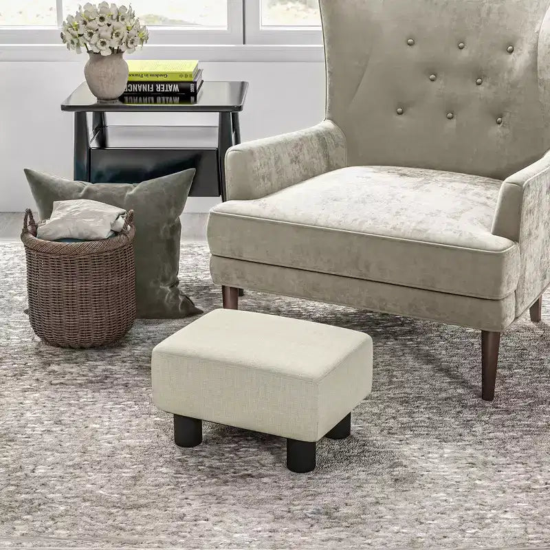 Poggiapiedi cubo in tessuto di lino piccolo, grigio antracite, capacità 110 kg, gambe in plastica