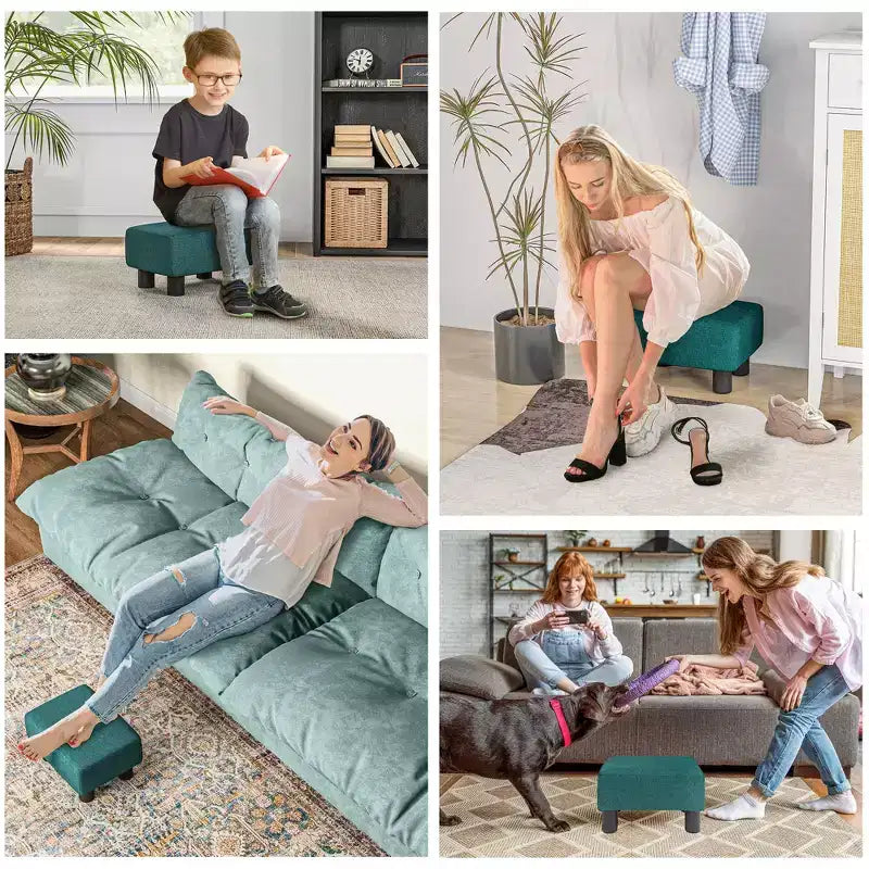 Poggiapiedi cubo in tessuto di lino piccolo, grigio antracite, capacità 110 kg, gambe in plastica