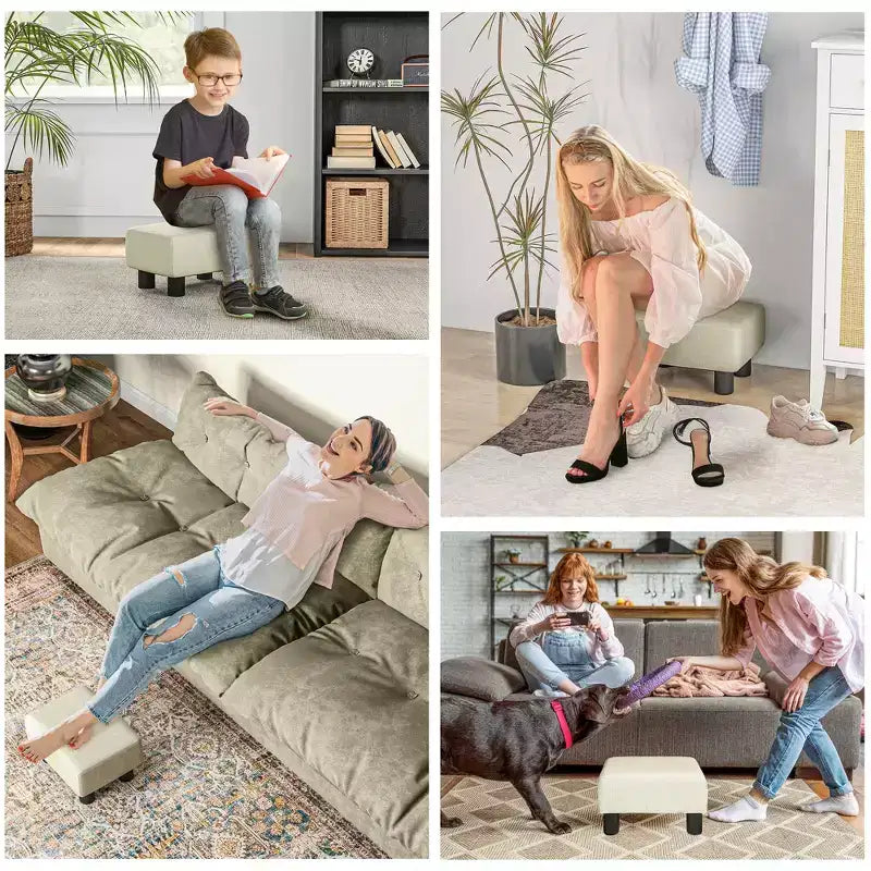 Poggiapiedi cubo in tessuto di lino piccolo, grigio antracite, capacità 110 kg, gambe in plastica