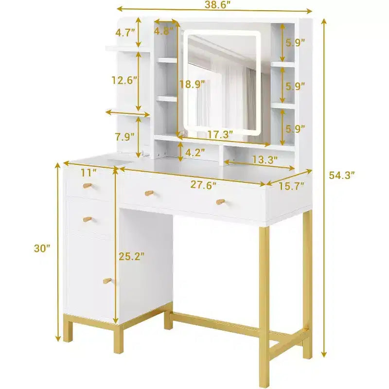 Toeletta Trucco con Specchio Illuminato a LED e Presa di Corrente, 3 Modalità di Illuminazione, Bianco