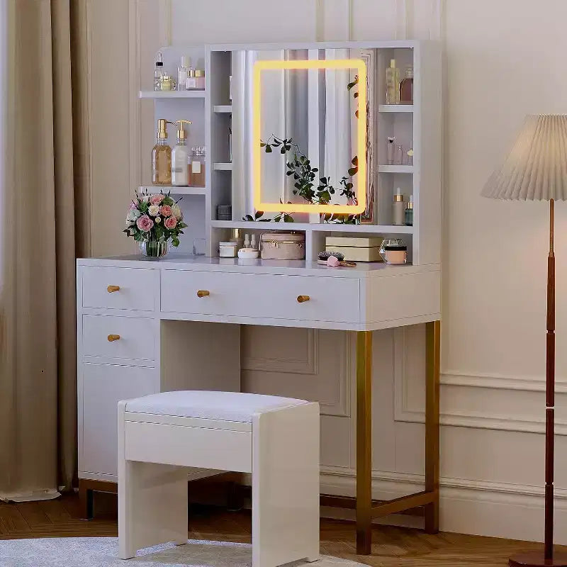 Toeletta Trucco con Specchio Illuminato a LED e Presa di Corrente, 3 Modalità di Illuminazione, Bianco