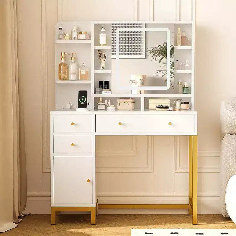 Toeletta Trucco con Specchio Illuminato a LED e Presa di Corrente, 3 Modalità di Illuminazione, Bianco