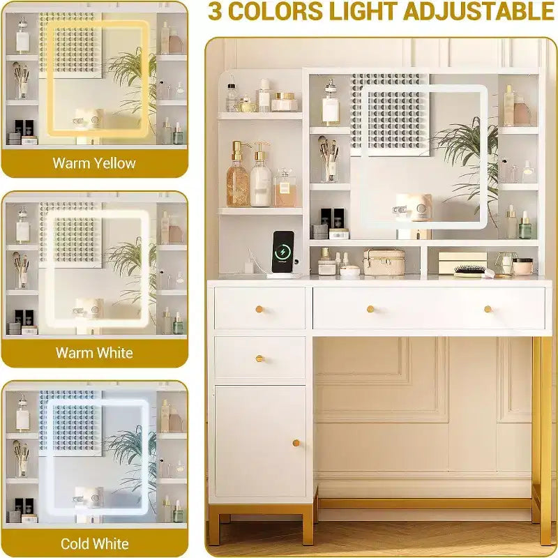 Toeletta Trucco con Specchio Illuminato a LED e Presa di Corrente, 3 Modalità di Illuminazione, Bianco