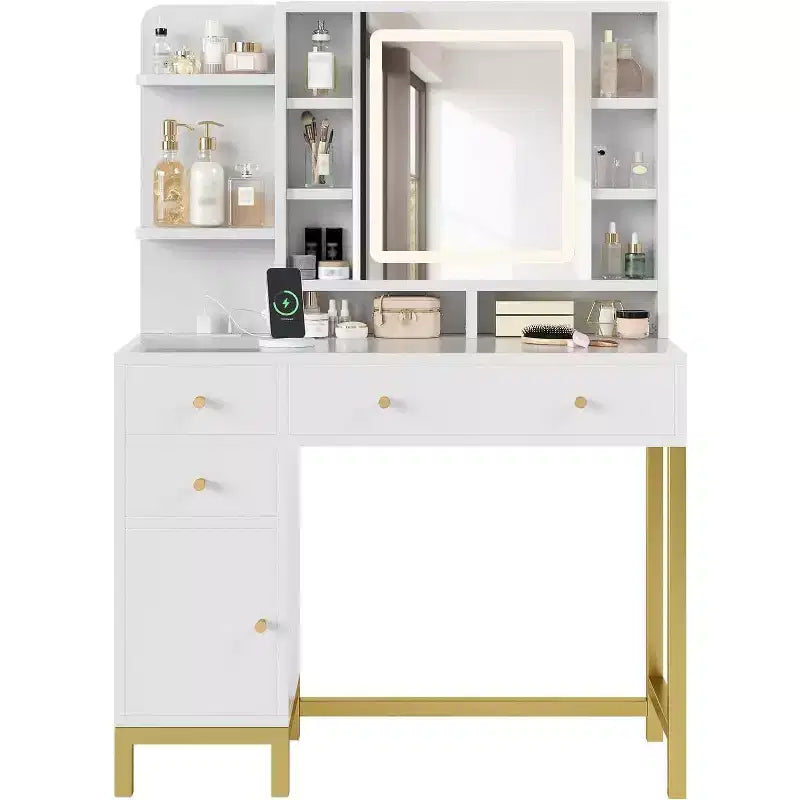 Toeletta Trucco con Specchio Illuminato a LED e Presa di Corrente, 3 Modalità di Illuminazione, Bianco
