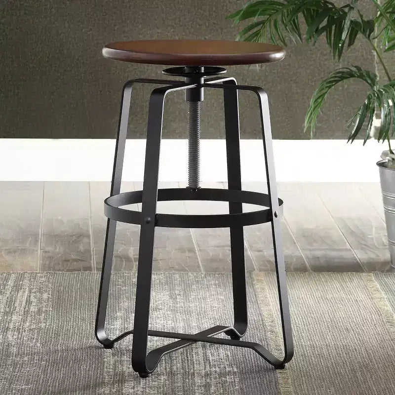 Adjustable Counter Height Barstool, Solid Mango Wood Seat, Chestnut & Black, 24"-30"H