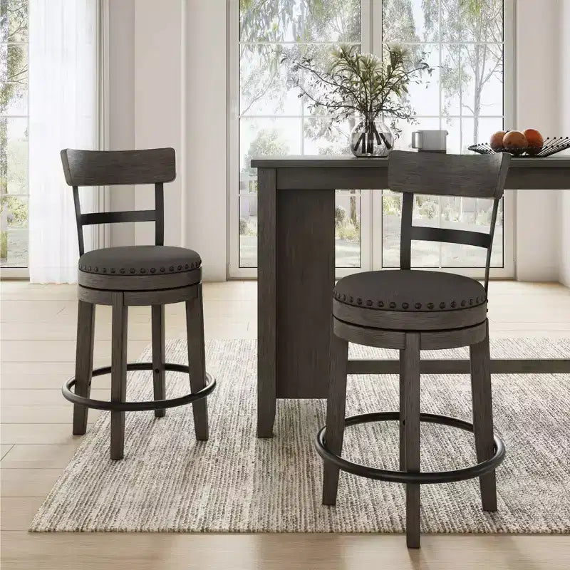 Counter Height Swivel Barstool, Gray Polyester Upholstery, Nailhead Trim, 24"H