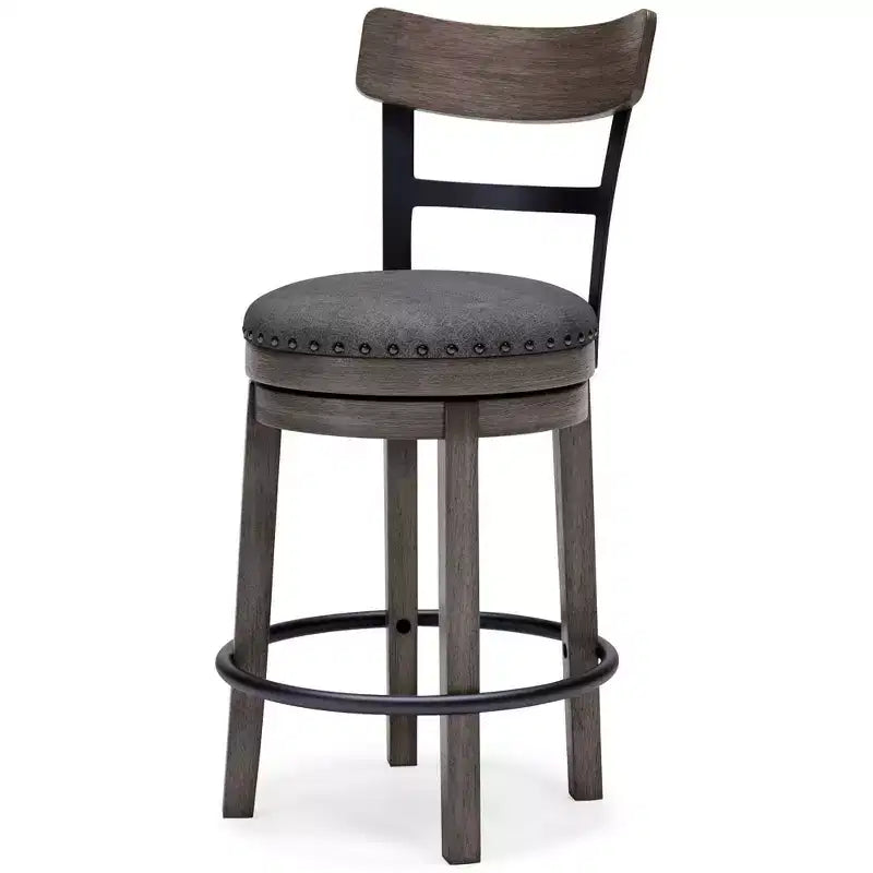 Counter Height Swivel Barstool, Gray Polyester Upholstery, Nailhead Trim, 24"H
