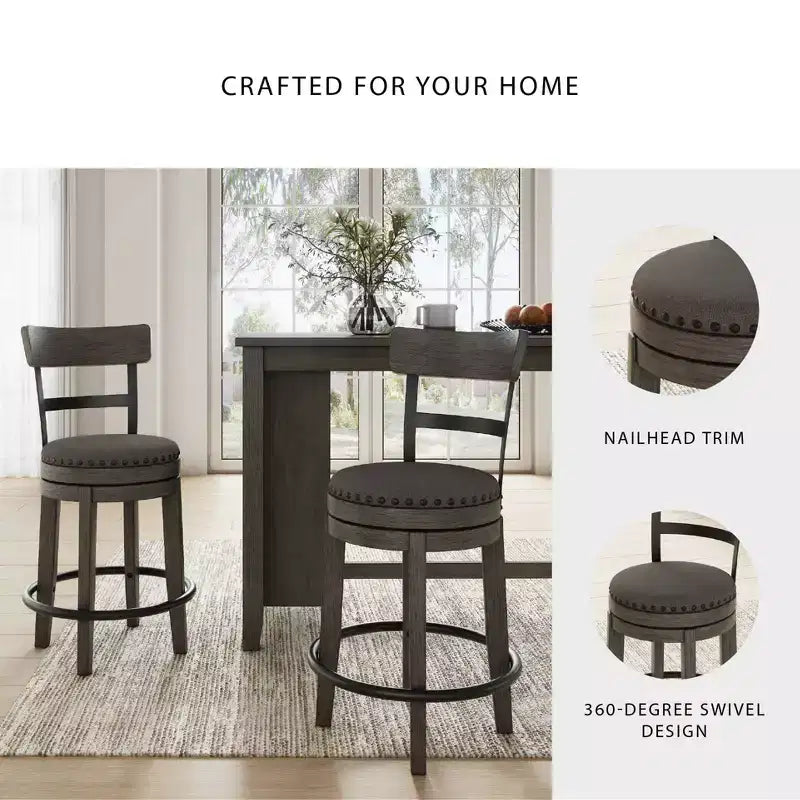 Counter Height Swivel Barstool, Gray Polyester Upholstery, Nailhead Trim, 24"H