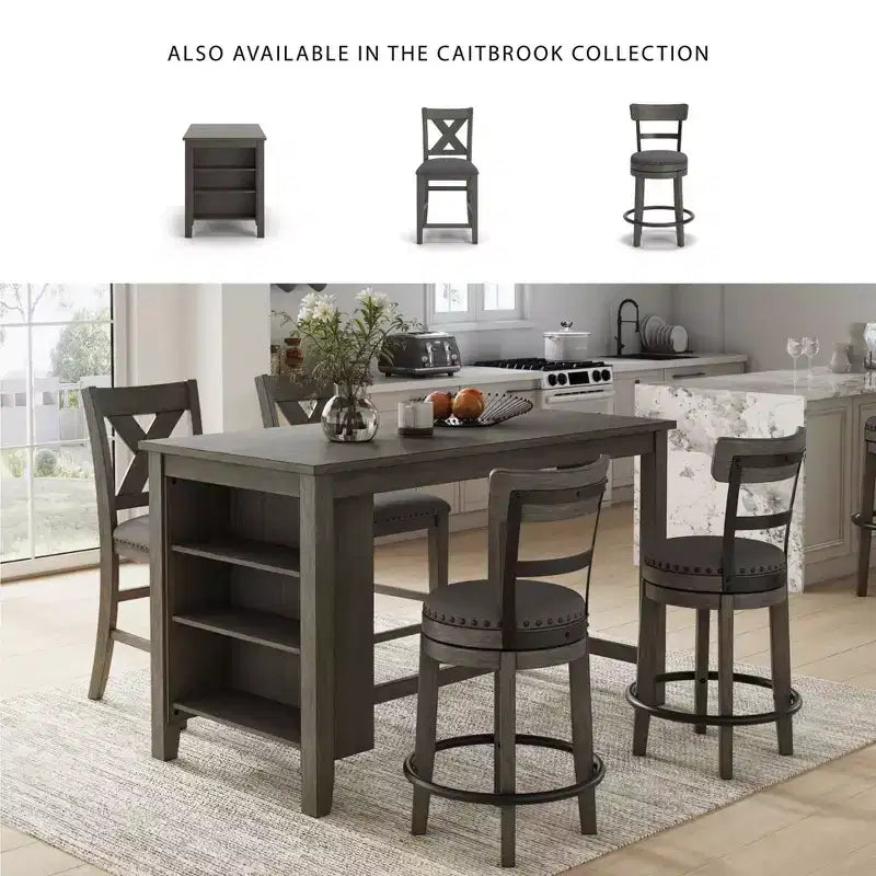 Counter Height Swivel Barstool, Gray Polyester Upholstery, Nailhead Trim, 24"H