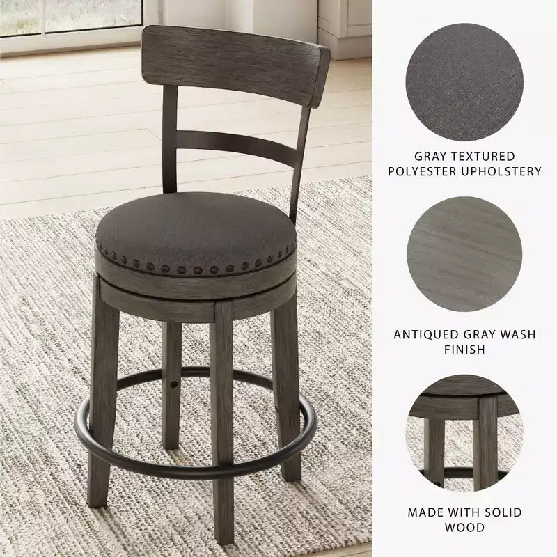 Counter Height Swivel Barstool, Gray Polyester Upholstery, Nailhead Trim, 24"H