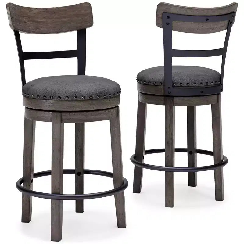 Counter Height Swivel Barstool, Gray Polyester Upholstery, Nailhead Trim, 24"H