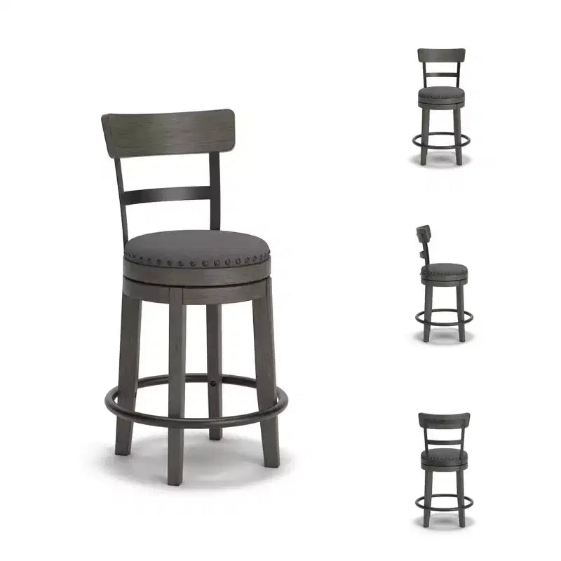 Counter Height Swivel Barstool, Gray Polyester Upholstery, Nailhead Trim, 24"H