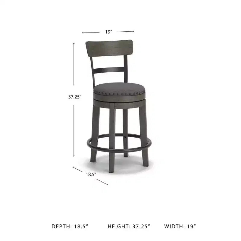 Counter Height Swivel Barstool, Gray Polyester Upholstery, Nailhead Trim, 24"H