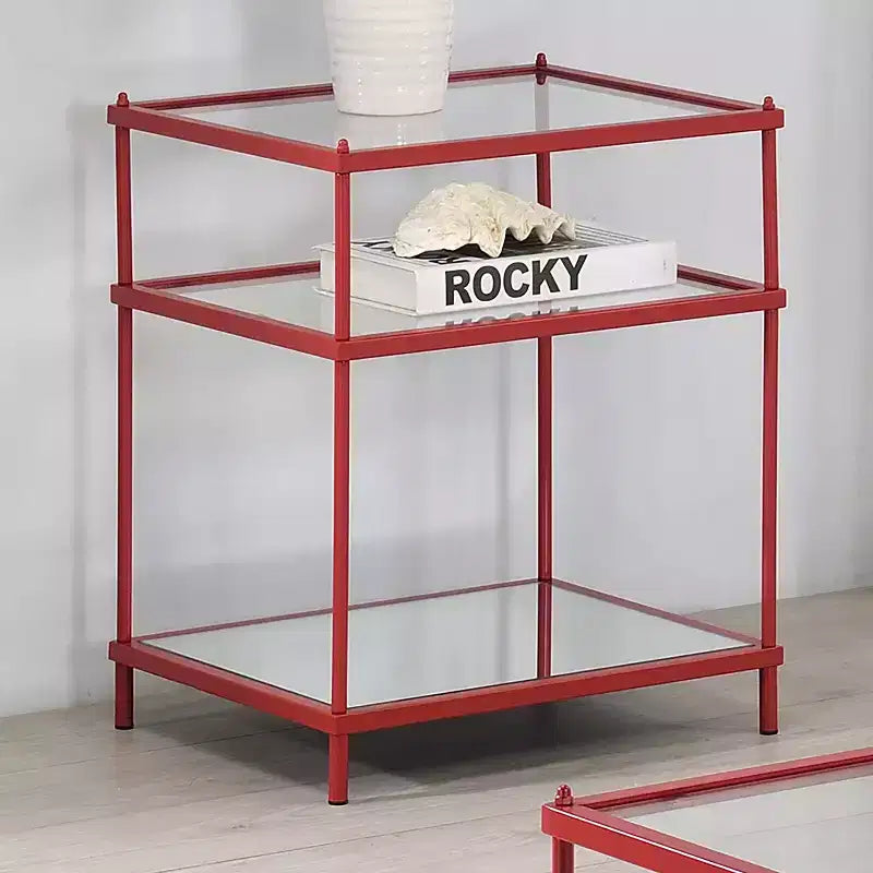 Tavolino laterale con piano in vetro, struttura in acciaio rosso con 2 ripiani a specchio, altezza 59.7 cm