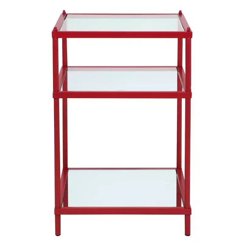 Tavolino laterale con piano in vetro, struttura in acciaio rosso con 2 ripiani a specchio, altezza 59.7 cm