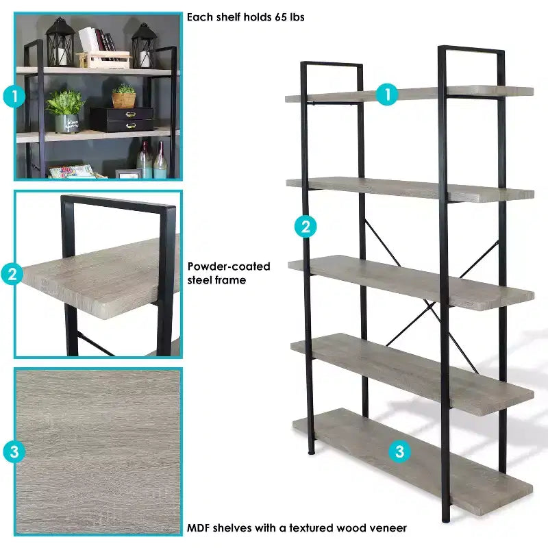 Libreria industriale indipendente a 5 ripiani, impiallacciatura in legno grigio rovere, alta 178 cm