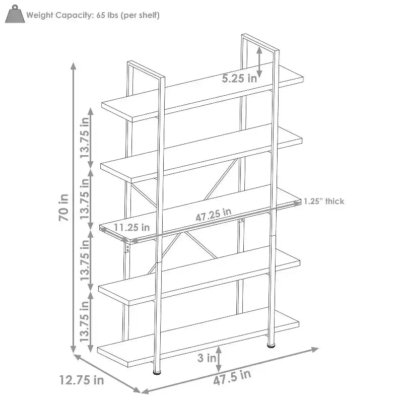 Libreria industriale indipendente a 5 ripiani, impiallacciatura in legno grigio rovere, alta 178 cm