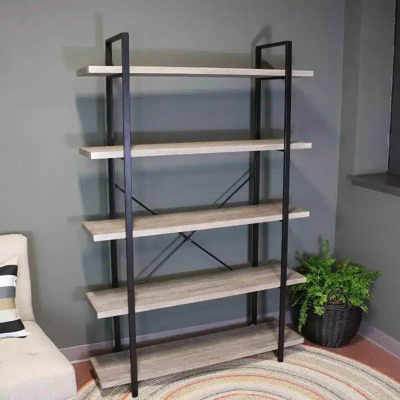 Libreria industriale indipendente a 5 ripiani, impiallacciatura in legno grigio rovere, alta 178 cm