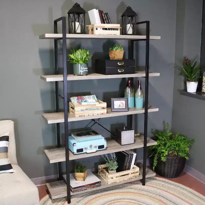 Libreria industriale indipendente a 5 ripiani, impiallacciatura in legno grigio rovere, alta 178 cm