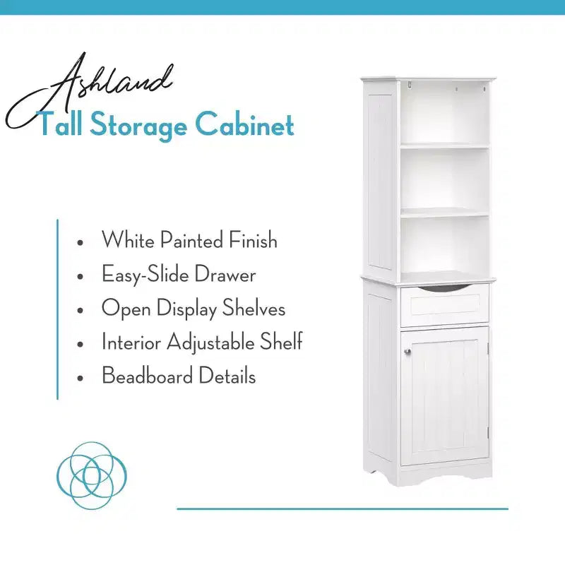 Tall Bathroom Linen Cabinet with Drawer & 6 Shelves, White MDF, 60"H