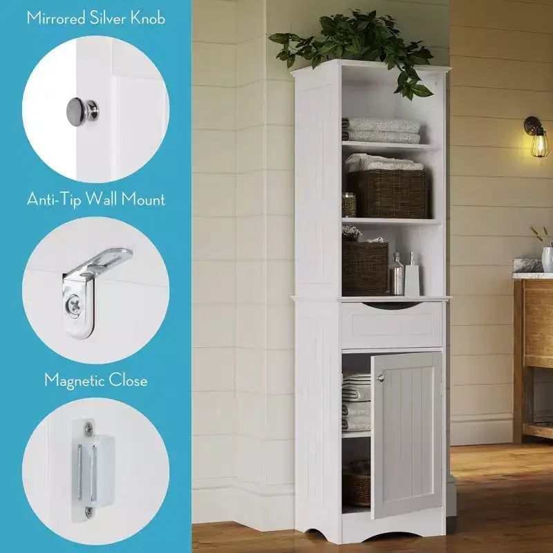 Tall Bathroom Linen Cabinet with Drawer & 6 Shelves, White MDF, 60"H